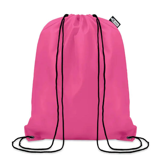 Geanta 190t rpet cu snur roz vibrant cu snur negru si eticheta mica de brand in coltul din dreapta sus