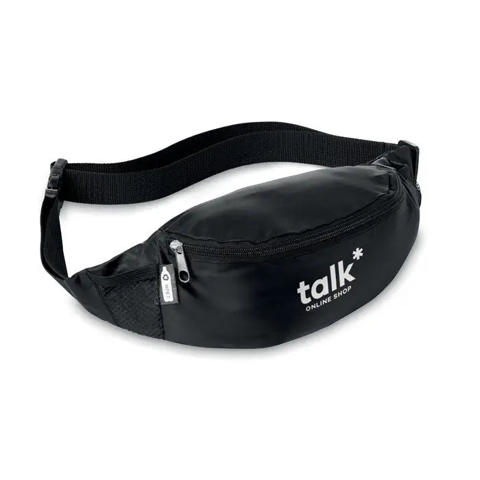 Geanta 210D RPET neagra de nylon cu logo alb talk online shop si fermoar argintiu fanny pack