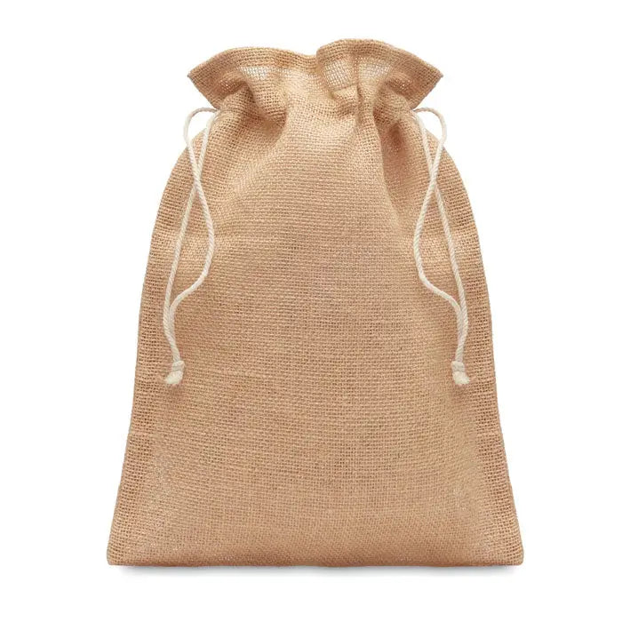Geanta cadou de iuta medie 25 x 32 cm din sac de iuta bej natural cu snururi albe pentru legat