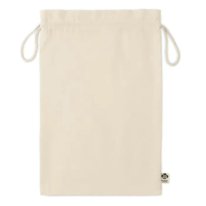 Geanta cadou mare din bumbac organic beige cu snururi de prindere din sfoara asortate