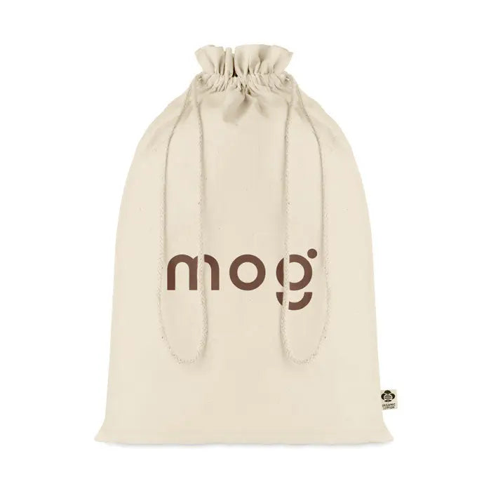 Geanta cadou mare din bumbac organic bej cu snur si logo maro mog plus eticheta eco-friendly mica