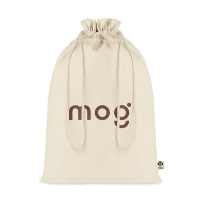 Geanta cadou mare din bumbac organic bej cu snur si logo maro mog plus eticheta eco-friendly mica