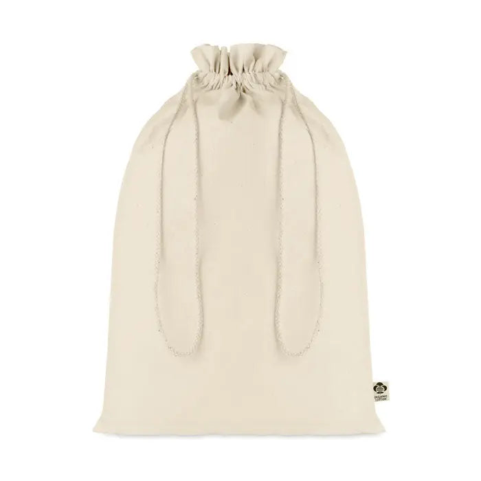 Geanta cadou mare din bumbac organic beige cu snur asortat si eticheta subtire tesuta