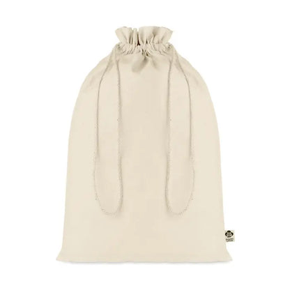 Geanta cadou mare din bumbac organic beige cu snur asortat si eticheta subtire tesuta