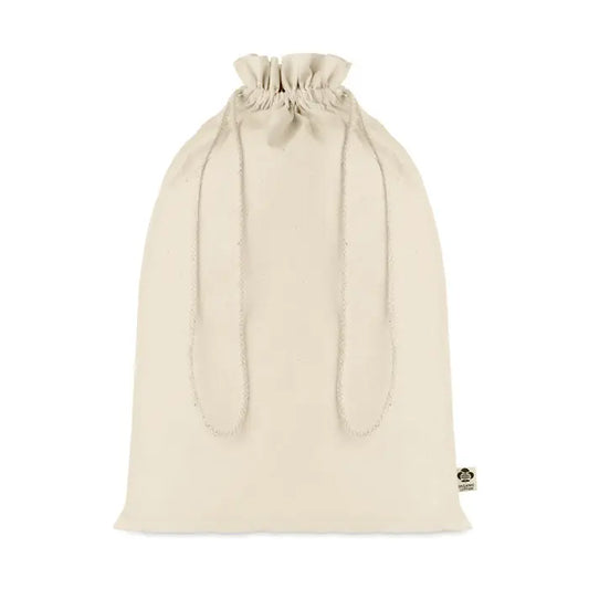 Geanta cadou mare din bumbac organic beige cu snur asortat si eticheta subtire tesuta