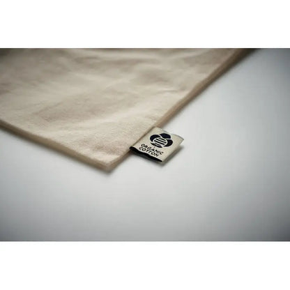 Geanta cadou mare din bumbac organic bej cu eticheta mica alb-negru din material organic