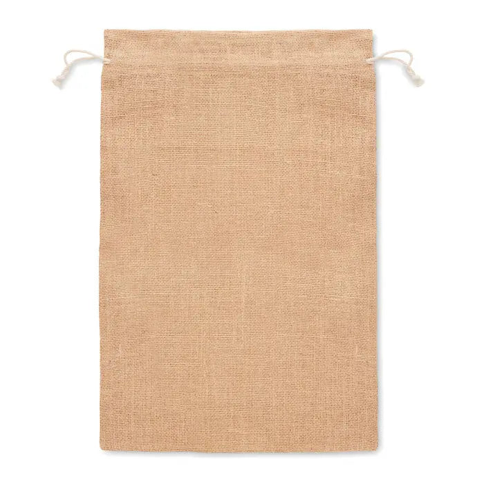 Geanta cadou mare din iuta 30x47 cm tip saculet bej natural cu textura tesuta si snur alb pentru inchidere