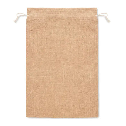 Geanta cadou mare din iuta 30x47 cm tip saculet bej natural cu textura tesuta si snur alb pentru inchidere