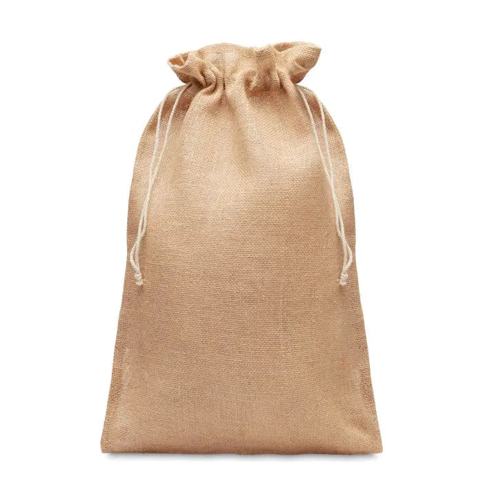 Geanta cadou mare din iuta 30x47 cm bej natural cu textură țesută și snur alb pentru închidere