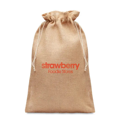 Geanta cadou mare din iuta 30x47 cm bej cu snur si branding portocaliu strawberry food stores