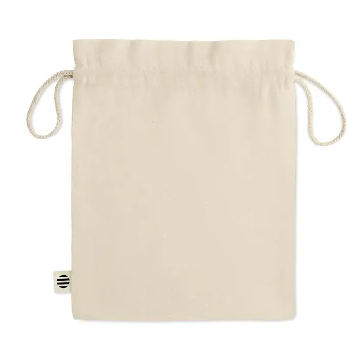 Geanta cadou medie din bumbac organic bej cu snururi asortate din sfoara si eticheta mica in dungi