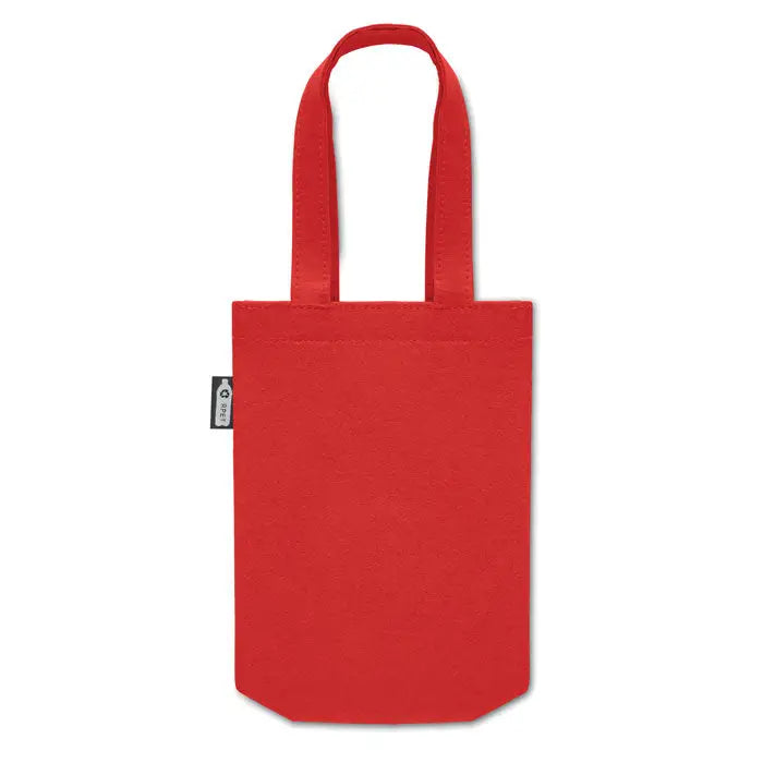 Geanta cadou mica din fetru rpet cu material canvas rosu, manere asortate si eticheta neagra mica pe lateral