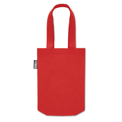 Geanta cadou mica din fetru rpet cu material canvas rosu, manere asortate si eticheta neagra mica pe lateral