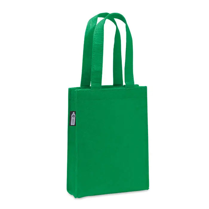 Geanta cadou mica din fetru rpet verde cu manere asortate si eticheta mica de brand pe lateral