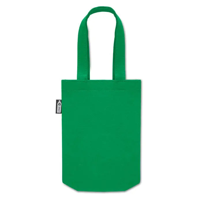 Geanta cadou mica din fetru rpet verde solida cu manere asortate si eticheta neagra mica pe partea laterala