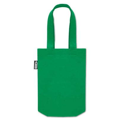 Geanta cadou mica din fetru rpet verde solida cu manere asortate si eticheta neagra mica pe partea laterala