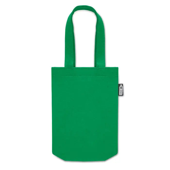 Geanta cadou mica din fetru rpet verde solid cu doua manere si eticheta neagra mica pe lateral