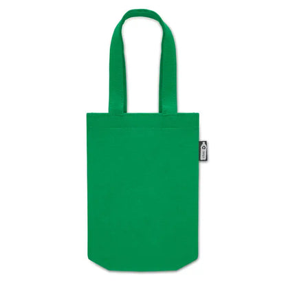 Geanta cadou mica din fetru rpet verde solid cu doua manere si eticheta neagra mica pe lateral