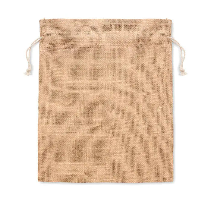 Geanta cadou mica din iuta 14 x 22 cm natur bej cu textura tesuta si snur din sfoara naturala