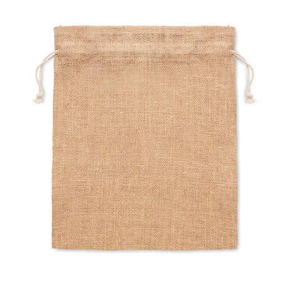 Geanta cadou mica din iuta 14 x 22 cm natur bej cu textura tesuta si snur din sfoara naturala