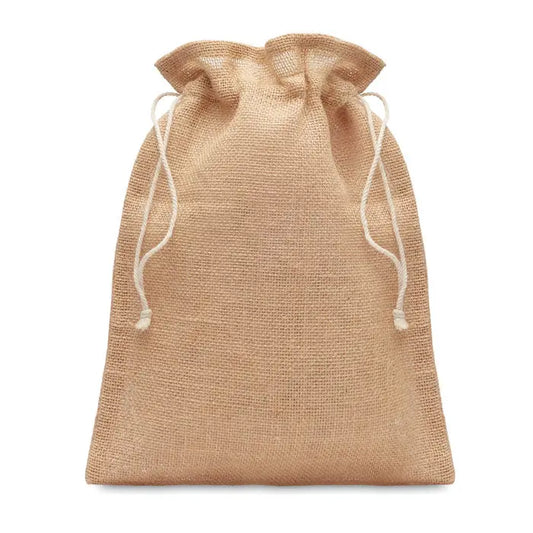 Geanta cadou mica din iuta naturala bej cu snur alb pentru inchidere 14 x 22 cm