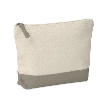Geanta cosmetica din bumbac bicolor bej cu baza si fermoar gri din canvas pentru depozitare machiaj