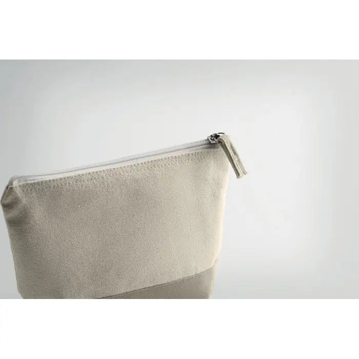 Geanta cosmetica din bumbac bicolor bej cu textură subtilă și fermoar cu buzunar din același material
