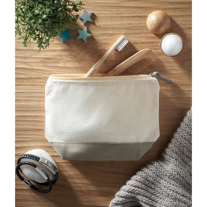 Geanta cosmetica din bumbac bicolor beige cu baza gri din panza si fermoar pentru organizare make-up