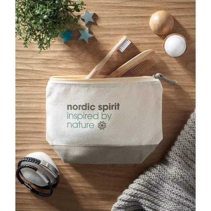 Geanta cosmetica din bumbac bicolor beige cu fermoar si text nordic spirit inspired by nature in gri si teal