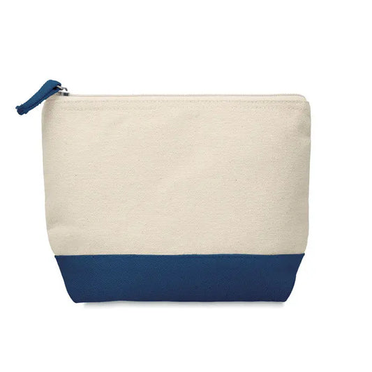 Geanta cosmetica din bumbac bicolor bej si bleumarin cu fermoar si maner din acelasi material
