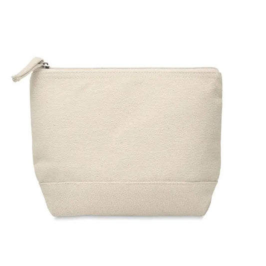 Geanta cosmetica din bumbac bicolor bej cu fermoar si design minimalist cu tab de prindere din material textil