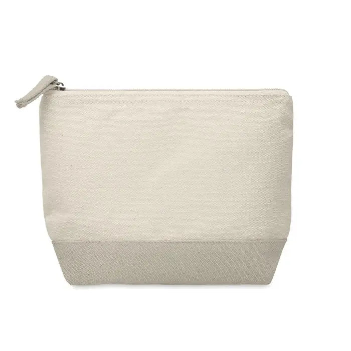 Geanta cosmetica din bumbac bicolor cu textura subtila si fermoar bej si maner din material textil asortat
