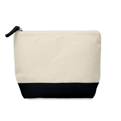 Geanta cosmetica din bumbac bicolor beige cu baza neagra si fermoar pentru organizarea produselor de ingrijire