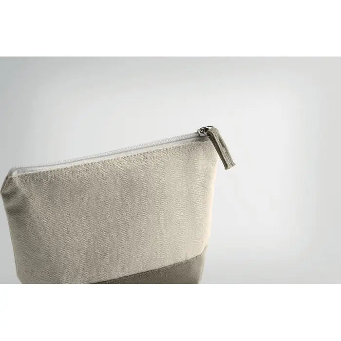 Geanta cosmetica din bumbac bicolor bej cu fermoar argintiu si partea inferioara gri inchis din panza de bumbac