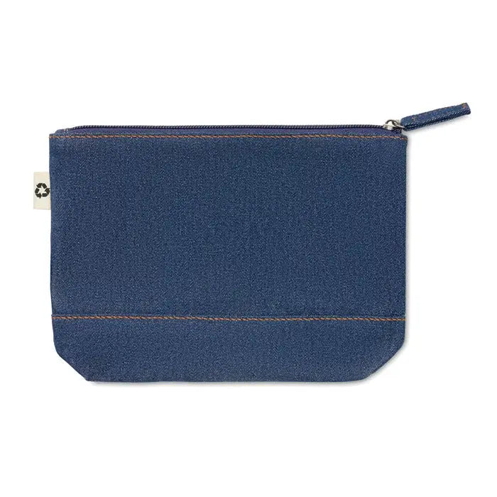 Geanta cosmetica din denim reciclat albastru cu fermoar si cusaturi portocalii contrastante cu snur din acelasi material