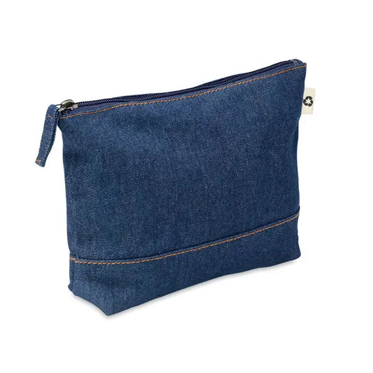 Geanta cosmetica din denim reciclat albastru cu fermoar si cusaturi contrastante si eticheta mica