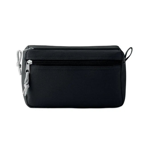 Geanta cosmetica fara pvc neagra dreptunghiulara cu fermoar argintiu si snururi gri