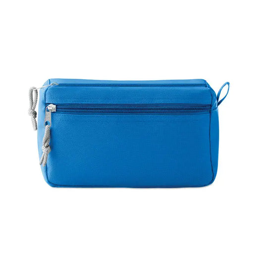 Geanta cosmetica fara pvc albastra dreptunghiulara din material texturat cu fermoare argintii si manere impletite gri