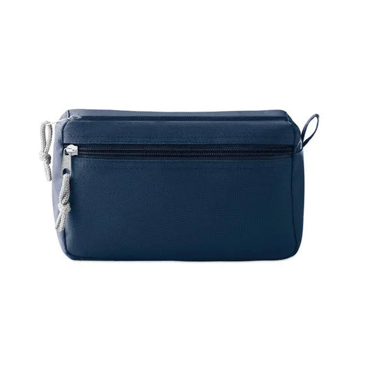 Geanta cosmetica fara pvc din tesatura albastru navy cu fermoare argintii si manere din sfoara gri deschis