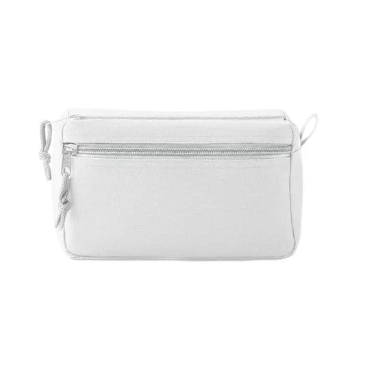 Geanta cosmetica fara pvc din panza alba cu fermoar argintiu si manere din sfoara pentru produse de ingrijire