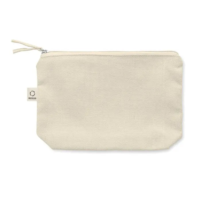 Beige geanta cosmetice 320 gr/m² din material canvas cu fermoar si eticheta reciclata pe partea laterala