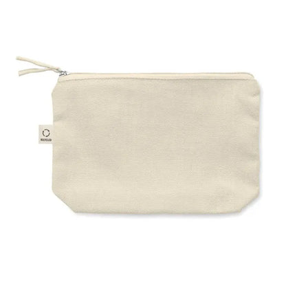 Beige geanta cosmetice 320 gr/m² din material canvas cu fermoar si eticheta reciclata pe partea laterala