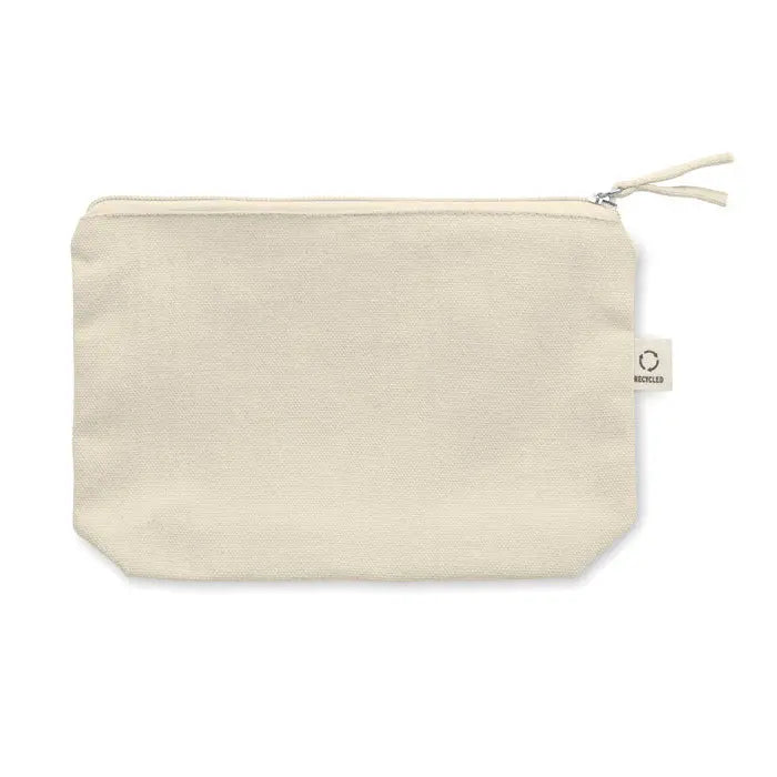 Geanta cosmetice 320 gr/m² beige din panza cu fermoar si textura tesuta subtila cu snur din acelasi material