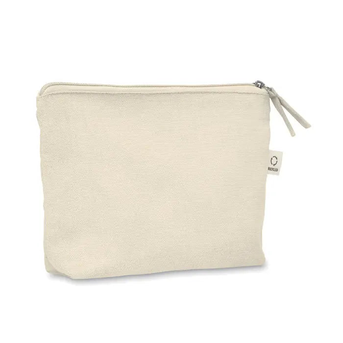 Beige geanta cosmetice din pânză 320 gr/m² cu fermoar și etichetă albă mică pe lateral
