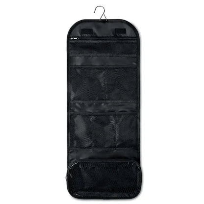 Geanta cu accesorii de calatorie neagra din plasa cu multiple compartimente si fermoar superior