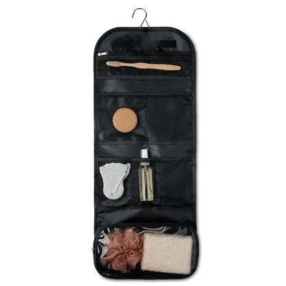 Geanta cu accesorii de calatorie organizator negru din plasa cu multiple compartimente pentru produse de toaleta