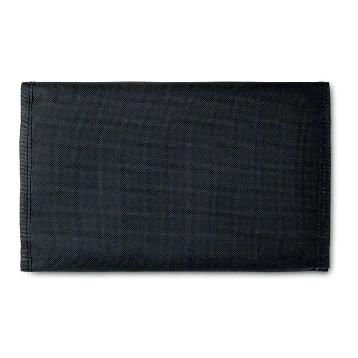 Geanta cu accesorii de calatorie un portofel negru din tesatura impletita cu design minimalist