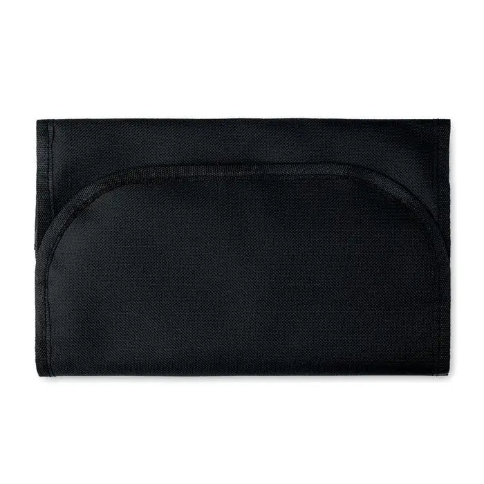 Portofel negru din material textil cu clapeta curbată cusută pentru accesorii de călătorie