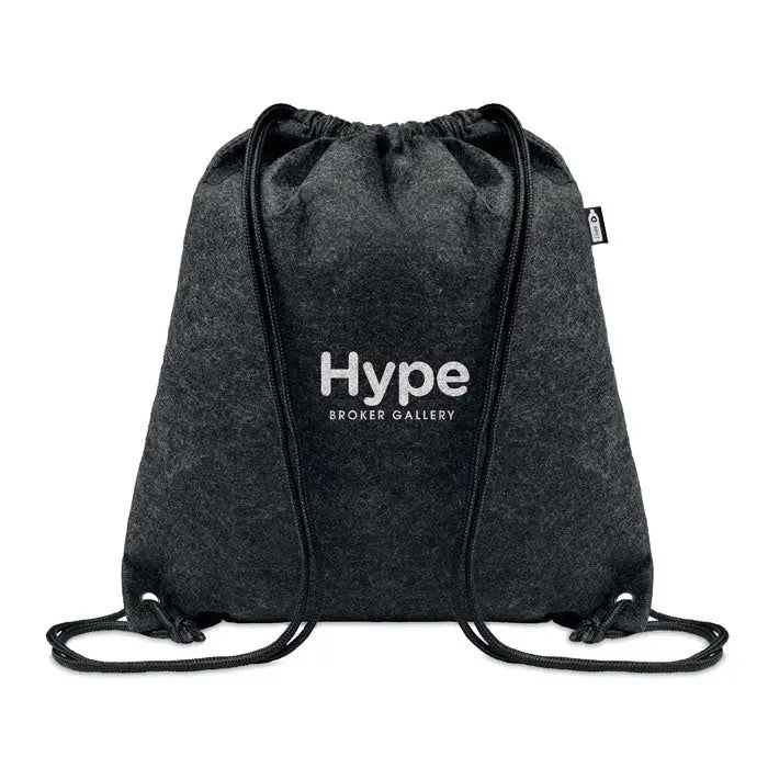 Geanta cu snur din fetru rpet neagra cu finisaj texturat si logo hype broker gallery alb imprimat pe fata
