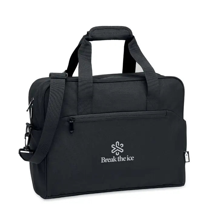 Black fabric geanta de calatorie de mana personalizata cu logo alb break the ice si emblema fulg de nea